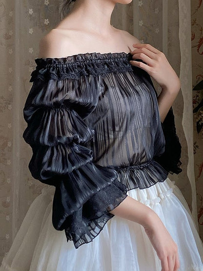 Neckline Sleeves Lolita Elegant Marie Off-the-shoulder Stripe Blouse Black