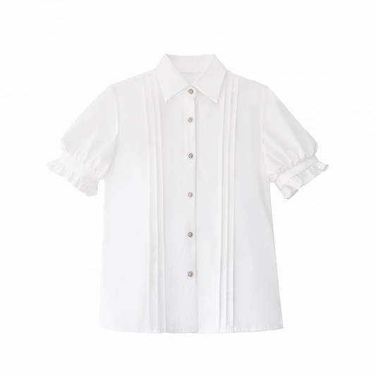Puff Sleeves Blouse with Pleating Details White