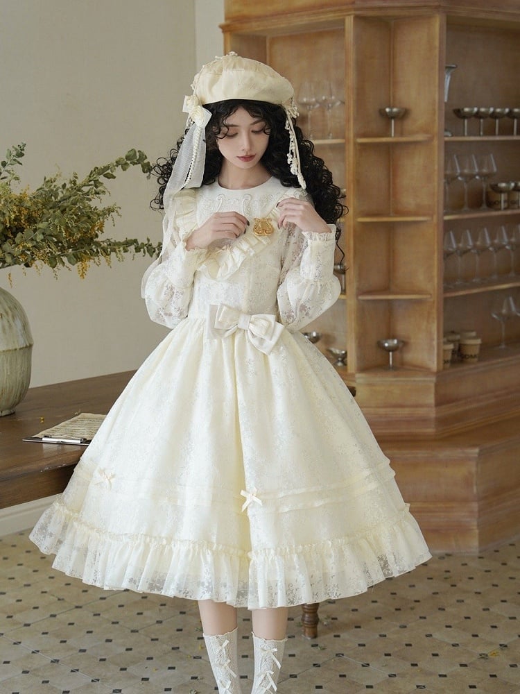 Beige Harp Embroidery Spring Semi-sheer Long Sleeves Elegant Classic Lolita Dress