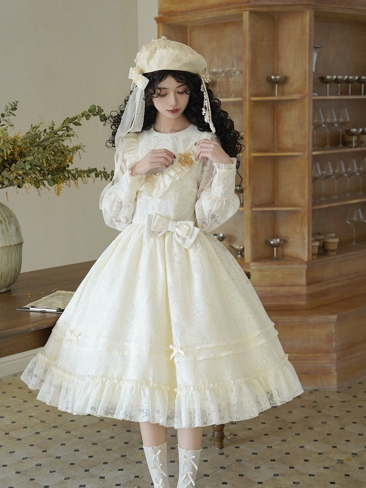 Beige Elegante Ärmel Klassische Frühling Lolita Kleid Stickerei Semi-transparent Harfe Lange