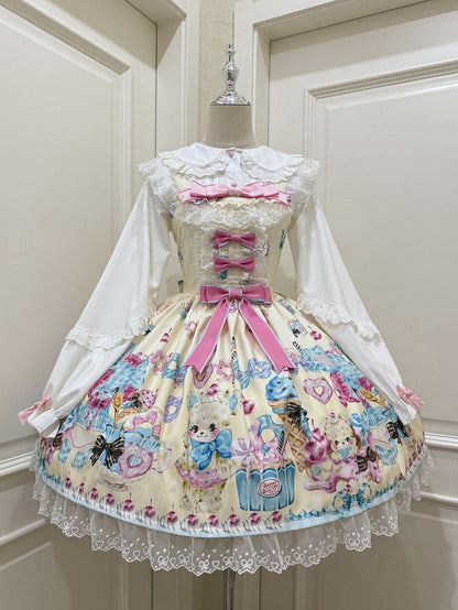 スカートプリントのテディロリータジャンパーとイエローのスイートクリームアイス