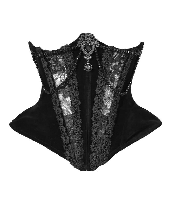 Patch Black Boning Corset Bassire-Inspired Goth Velvet with Lace