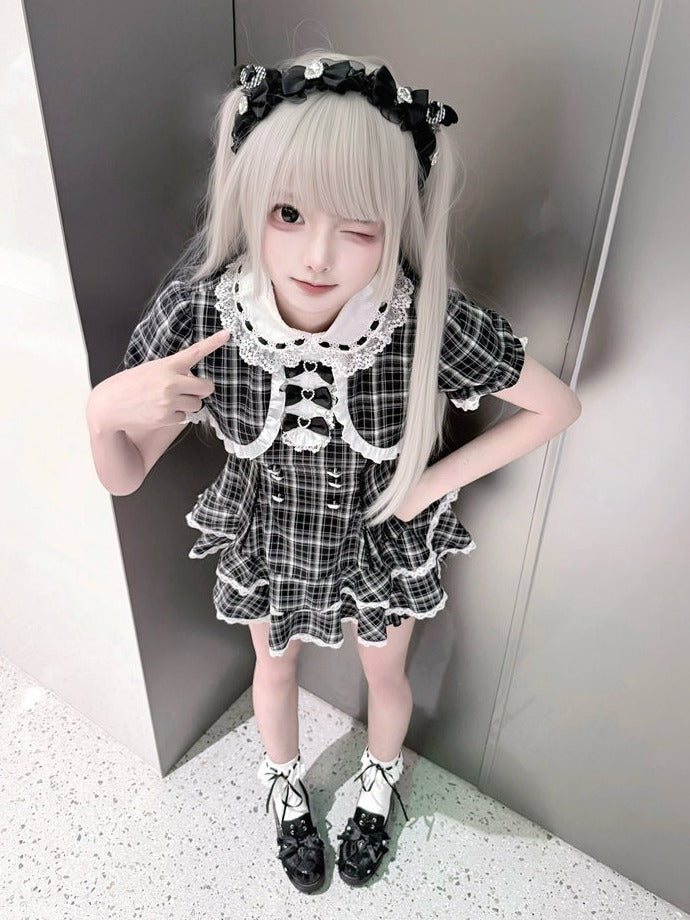 Black White Jirai Kei Plaid Fake Two-Piece Dress with Shorts Set - Puppet Bombs