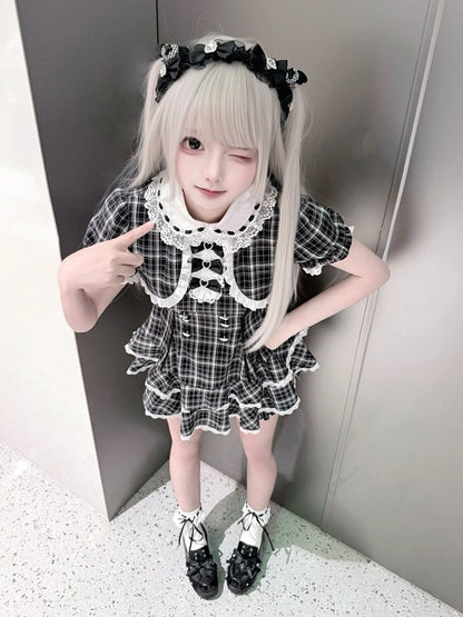 Black White Jirai Kei Plaid Fake Two-Piece Dress with Shorts Set - Puppet Bombs