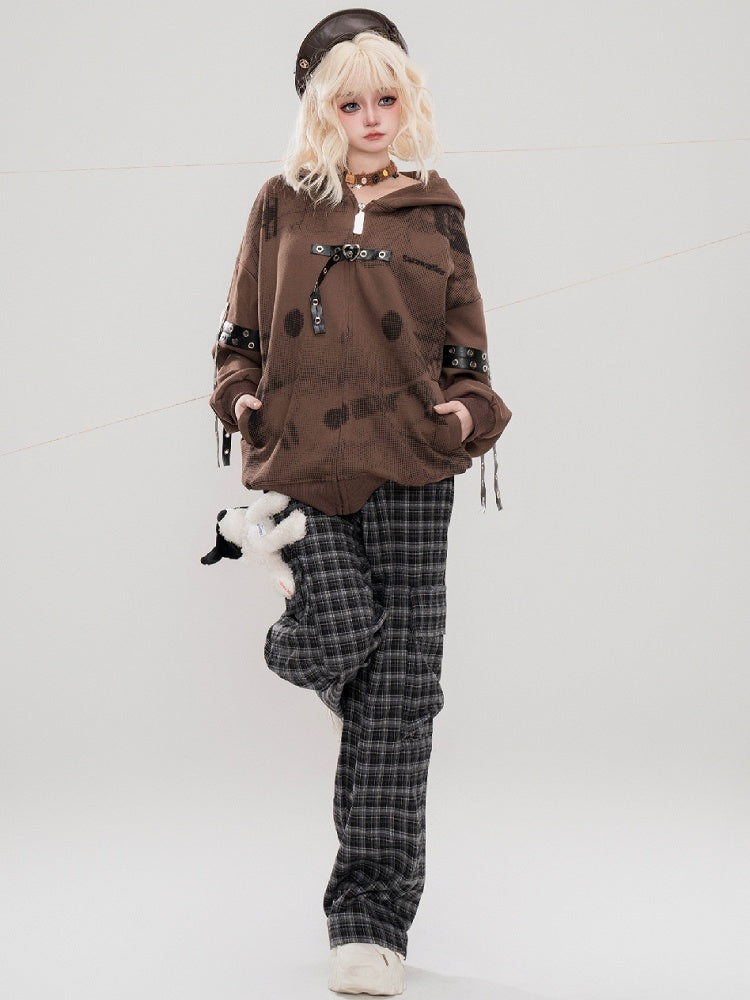 ブラックチェック柄カーゴポケットデザインストレートレッグカットパンツ