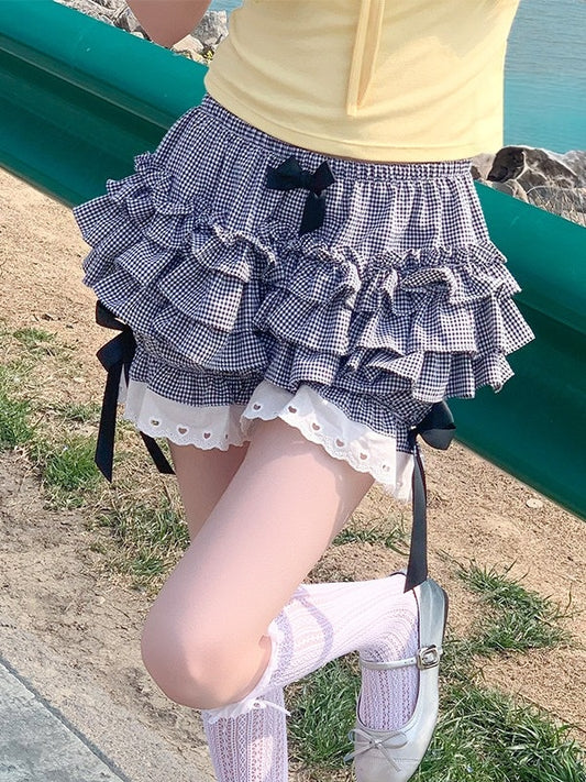 Checkered Cotton Bloomers with Lace and Bow Details - Lan Jian Chuan