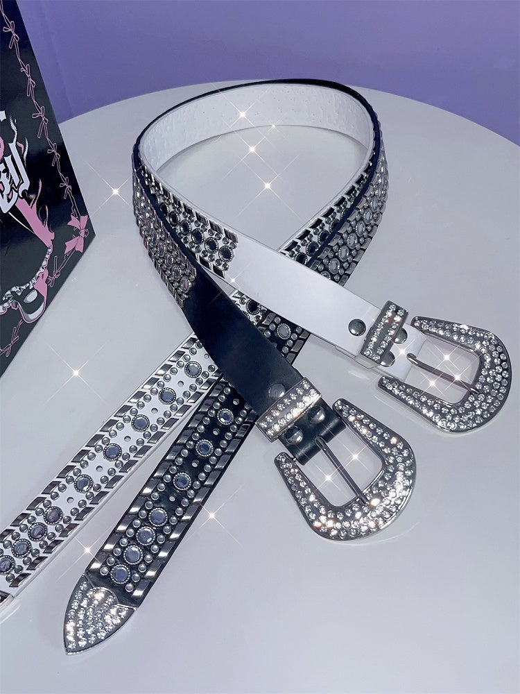 Punk Details Studs Waist Belt Decorated Rhinestone Black/White