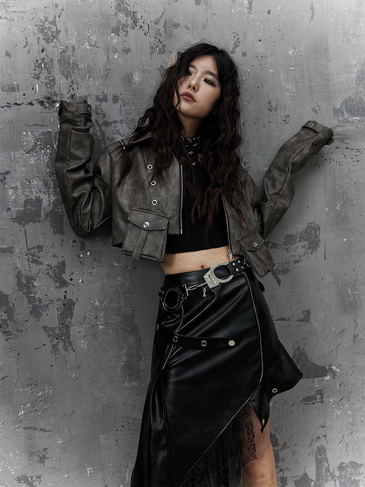 Punk Accent Gray Distressed Pocket - Jacket Cropped Dark Design