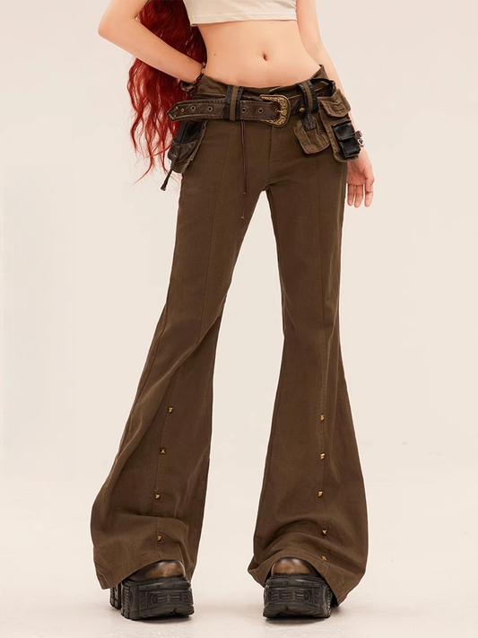 with Waist Studded Cuffs Flared Pants Buckle Belt Brown Low