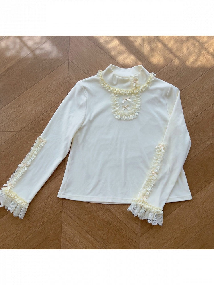 Beige Long Sleeve Lolita Top with Lace Trim - wawao good night bear