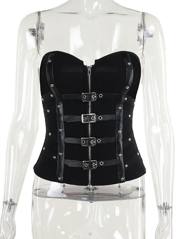 Straps Cyberpunk with Gothic Fishbone Halloween Zipper Bustier Buckle Vertical Black Adjustable