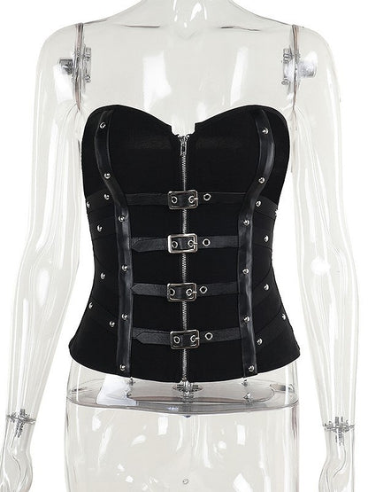 Straps Cyberpunk with Gothic Fishbone Halloween Zipper Bustier Buckle Vertical Black Adjustable
