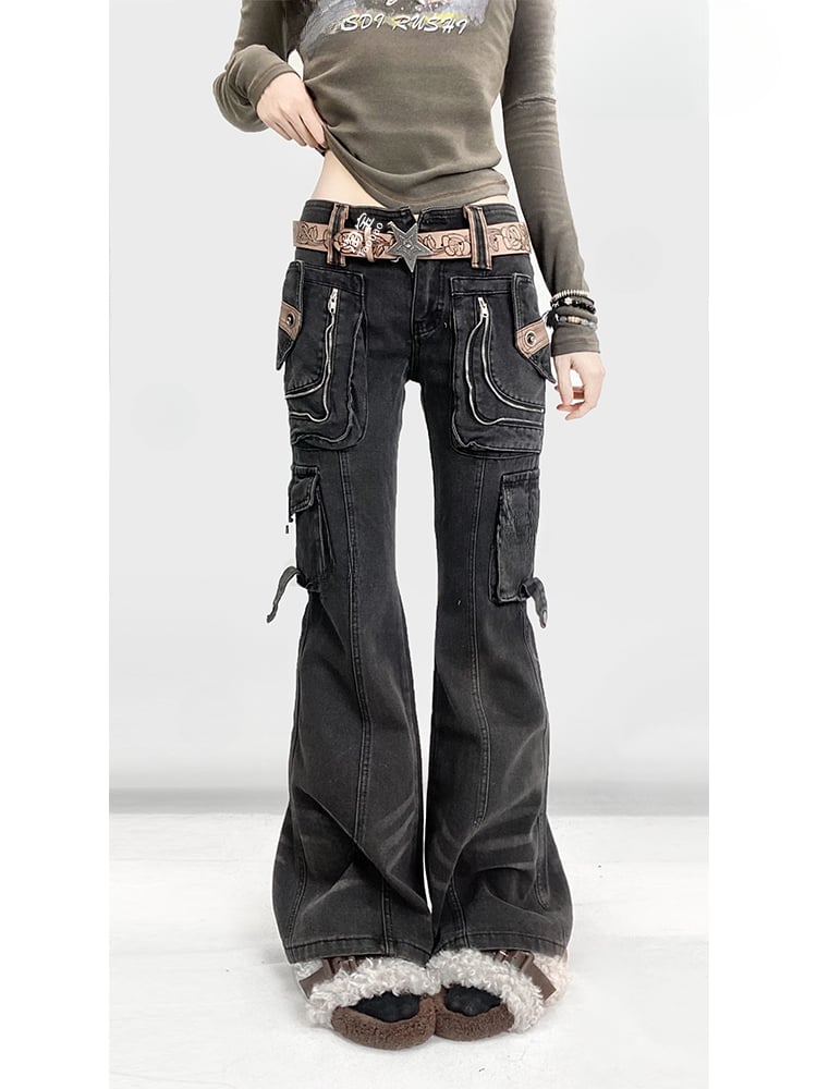 Black Wasteland Punk Distressed Flared Jeans with Cargo Pockets