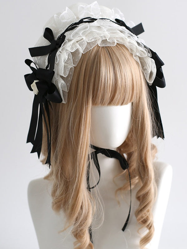 Black and Off White Maid Lolita Ruffle Hairband With Bowknot And Bud Decorations