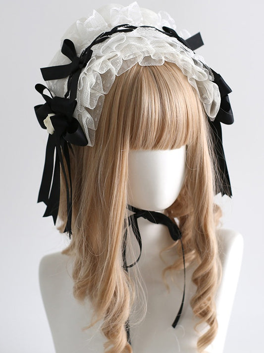 Black and Off White Maid Lolita Ruffle Hairband With Bowknot And Bud Decorations