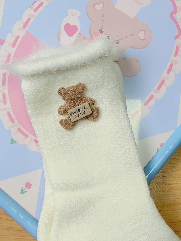 White Cuffed Kawaii Socks Bear Daily Decor Winter with