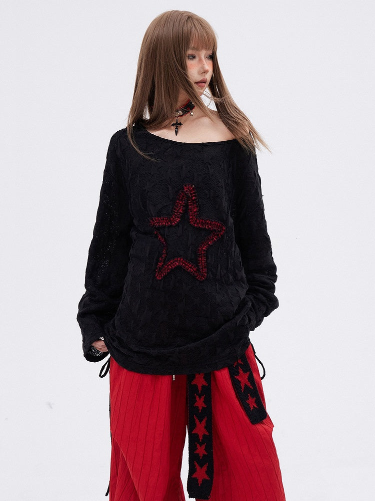 Schwarzes T-Shirt mit langen Ärmeln und Kordelzug und Stern