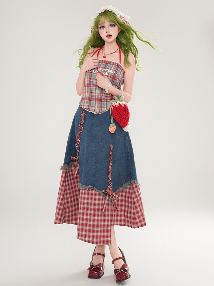 Denim Mit Patchwork Kleid Blaue Träger Rot Marine Selbstbinden Plaid Und