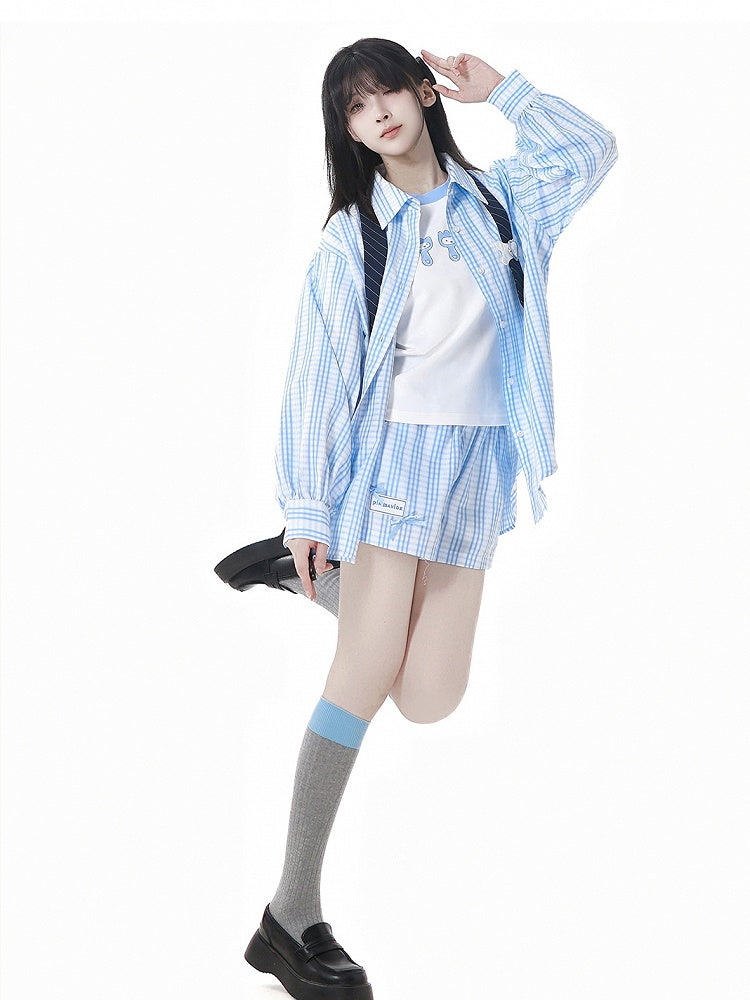 チェックシャツ ブルー＆ホワイト ネクタイデザイン ルーズ