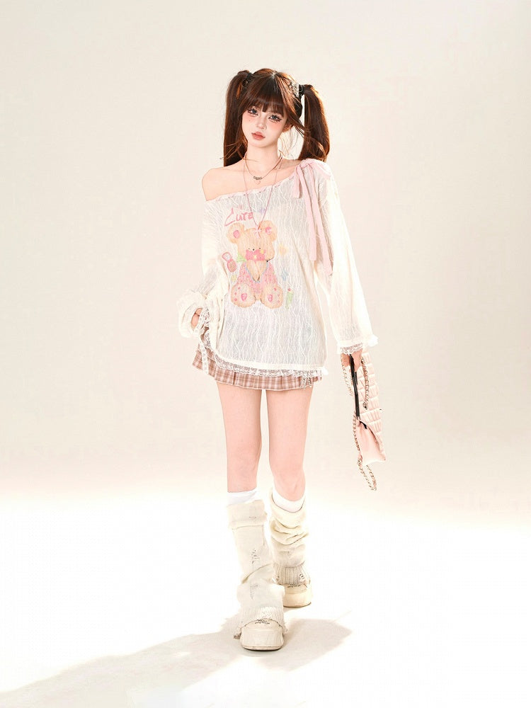 Ausschnitt-Überwurf, schulterfrei, entzückender Bärendruck, Rosa/Weiß, zum Selbstbinden