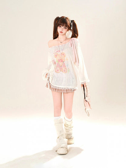 Ausschnitt-Überwurf, schulterfrei, entzückender Bärendruck, Rosa/Weiß, zum Selbstbinden