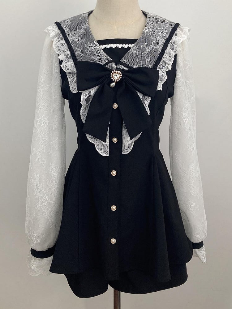 Mini Full Lace Set: Mesh Dress with Long Collar Jirai Black Sailor Sleeves Kei