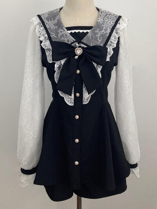 Mini Full Lace Set: Mesh Dress with Long Collar Jirai Black Sailor Sleeves Kei