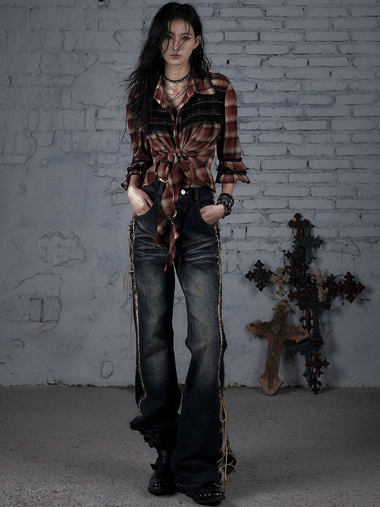 Fishtail Punk Schnürdetail Wasteland Dark Jeans Saum Raw Blue