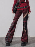 Rock Detail und Schwarze Schnürung Rote Hose Plaid Cutout Punk