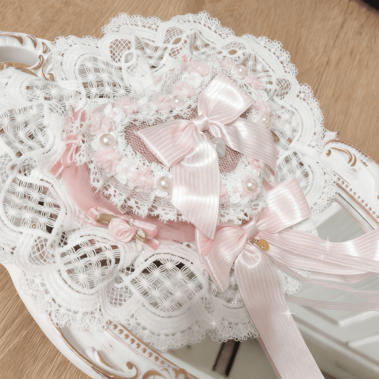 Sweet Pink/Red/Blue Bowknot Hat Mini Clips With Lace Heart-shaped Lolita