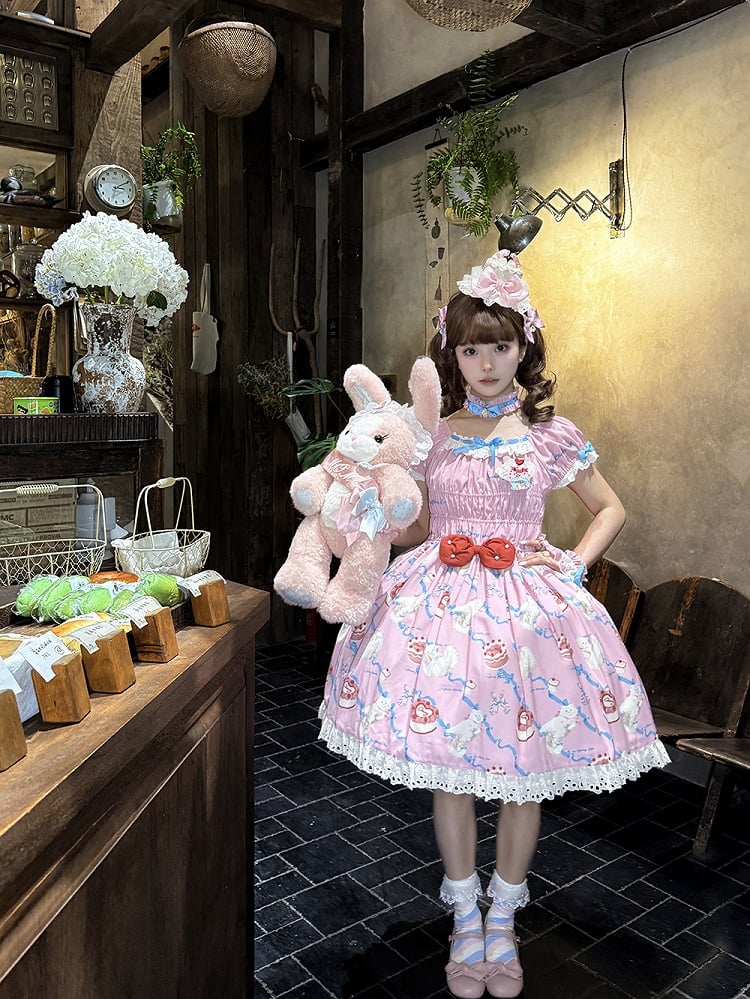 Sweet Kitty Mieder Lolita Print Einteiler gesmokt rosa elastische Schleifen und