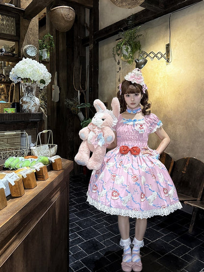 Sweet Kitty Mieder Lolita Print Einteiler gesmokt rosa elastische Schleifen und