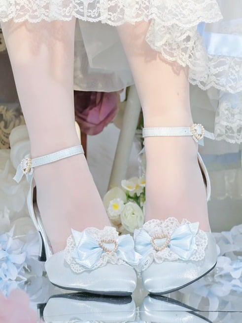 Light Blue Ballet Pointed Toe Shoes with Lace Bow - Witch's Night