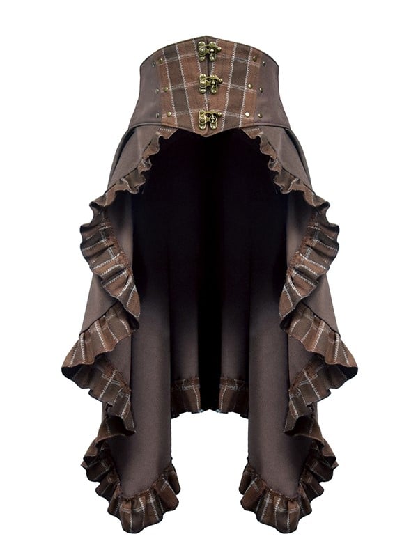 Schleppe Saum Braun Rüschen Plaid Dunkel Muster Steampunk