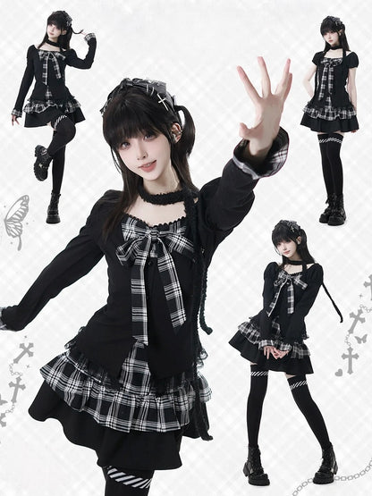 Trim Lace Bowknot and Plaid Subculture Top with Two-Piece Fashion Faux Black