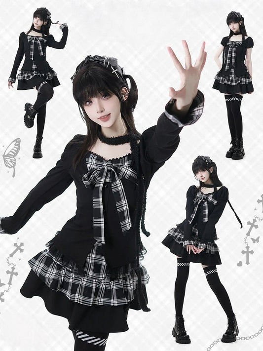 Trim Lace Bowknot and Plaid Subculture Top with Two-Piece Fashion Faux Black