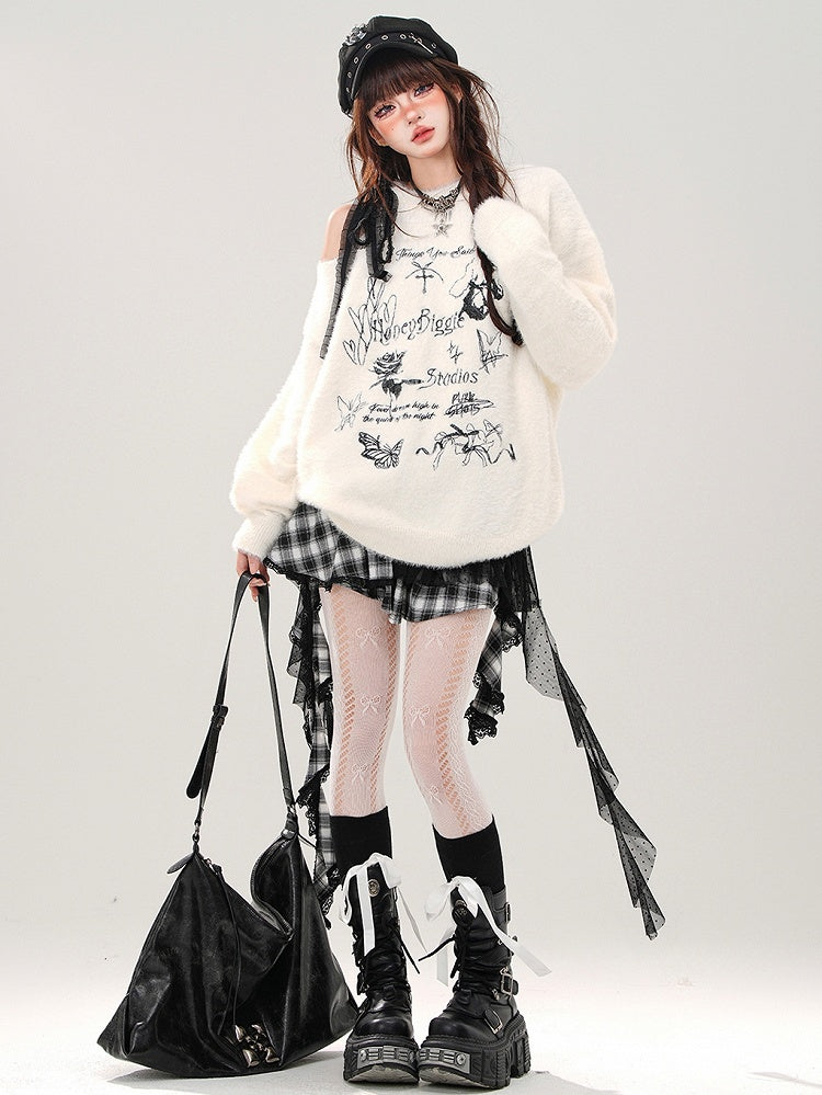 Apricot/Black Butterflies and Bows Cutout Shoulder Mohair Soft Sweater