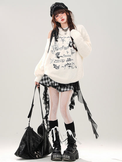 Apricot/Black Butterflies and Bows Cutout Shoulder Mohair Soft Sweater