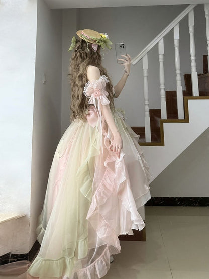 Neckline High-low PinkGreen with Dress Bodice Gradient Color Lolita Off-the-shoulder Boned