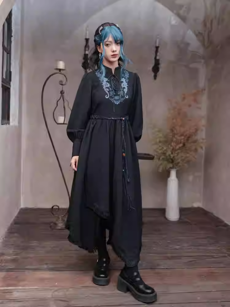 Seahorse with Style Embroidery Black Cheongsam Dress Hem Detail at Lace-up Tassel Front Blue