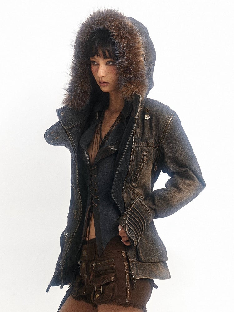 Trim Hooded Denim Grey Version Hood Detachable Brown Fur Jacket - Regular/Padded