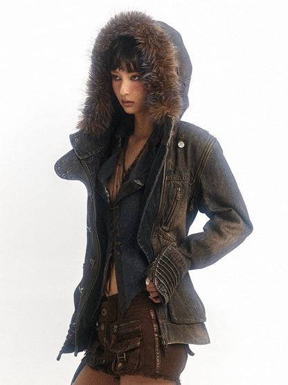 Trim Hooded Denim Grey Version Hood Detachable Brown Fur Jacket - Regular/Padded