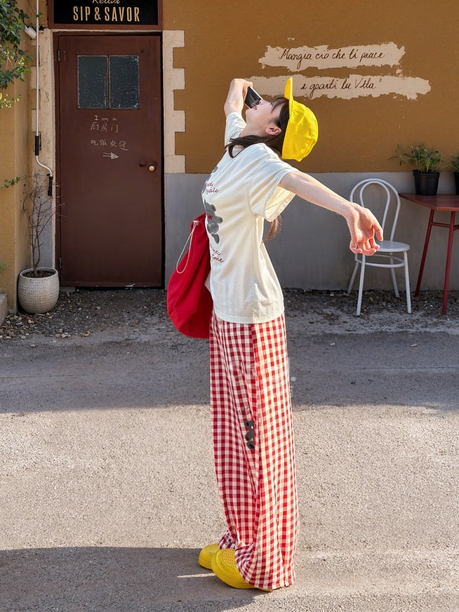 ワイドレッグパンツバージョン ショート/ロング 赤と白のチェック柄ベアプリント