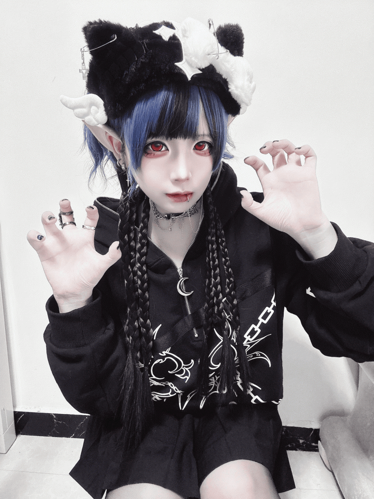 Black Plush Kitty Ears Hairband with Bone and Wing Decor