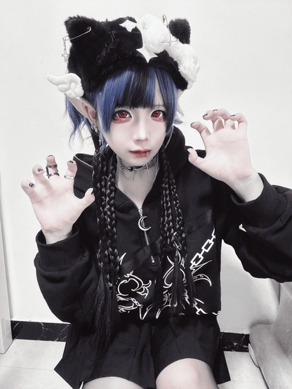 Black Plush Kitty Ears Hairband with Bone and Wing Decor