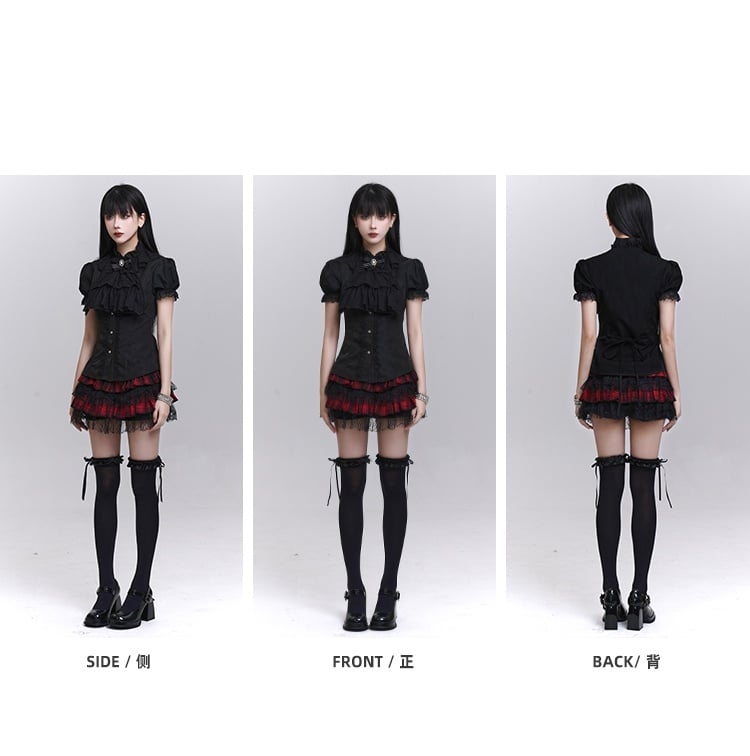取り外し可能なジャボ付き、ブラックのパフスリーブのヴィンテージゴシックブラウス