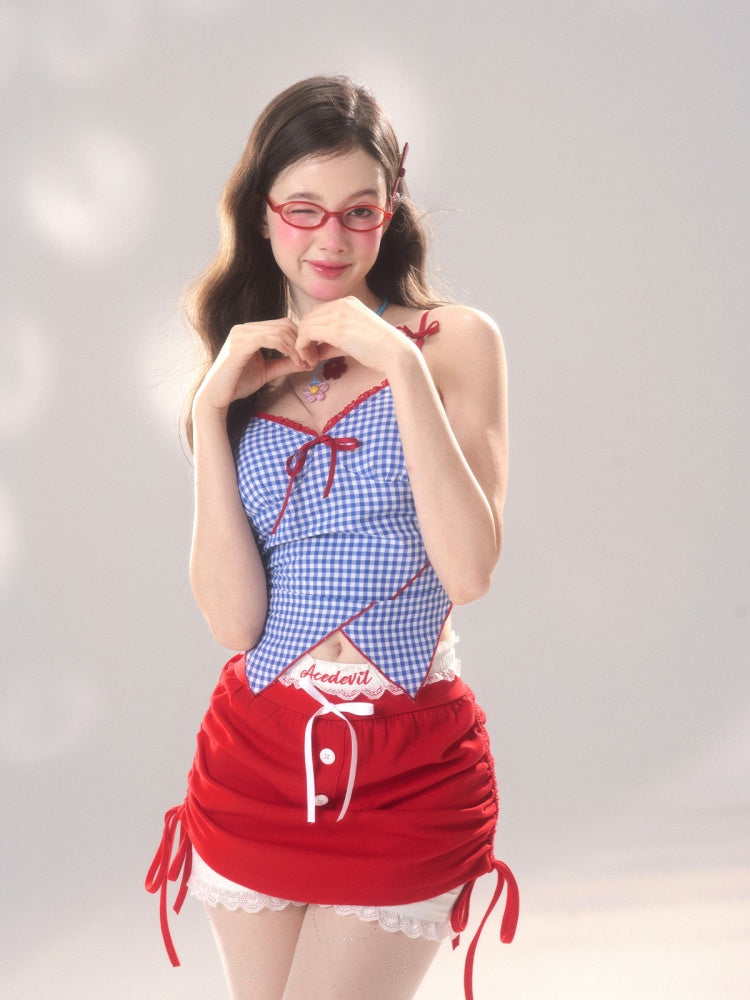 Dunkelblaues Cami-Top mit asymmetrischem Saum und Karomuster