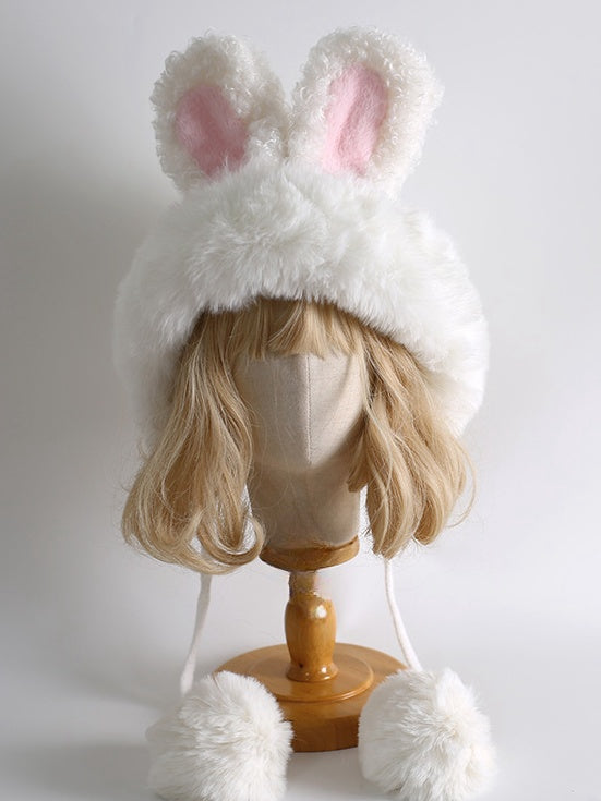 White Sweet Lolita Bunny Ears Knitted Plush Hat With Pompons