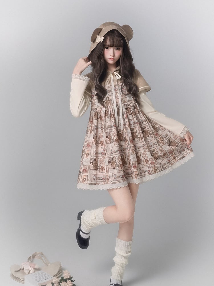 Dress Light Brown Cape Cute With Design Long Print Sleeve Ear Fashion Bear Hooded Kawaii
