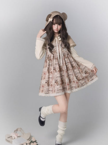 Dress Light Brown Cape Cute With Design Long Print Sleeve Ear Fashion Bear Hooded Kawaii